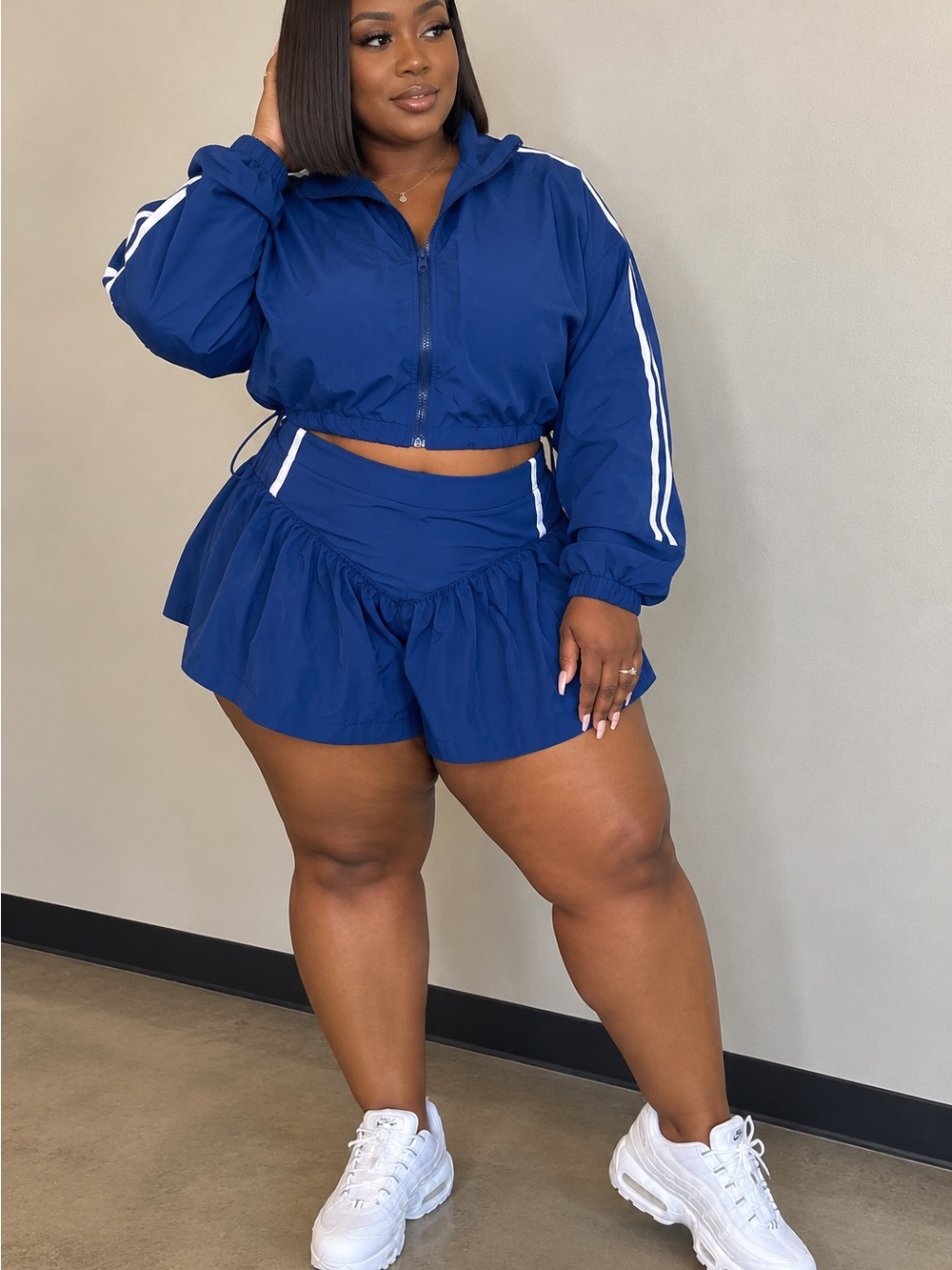 Plus Size Sporty Navy Crop Jacket & Short Set